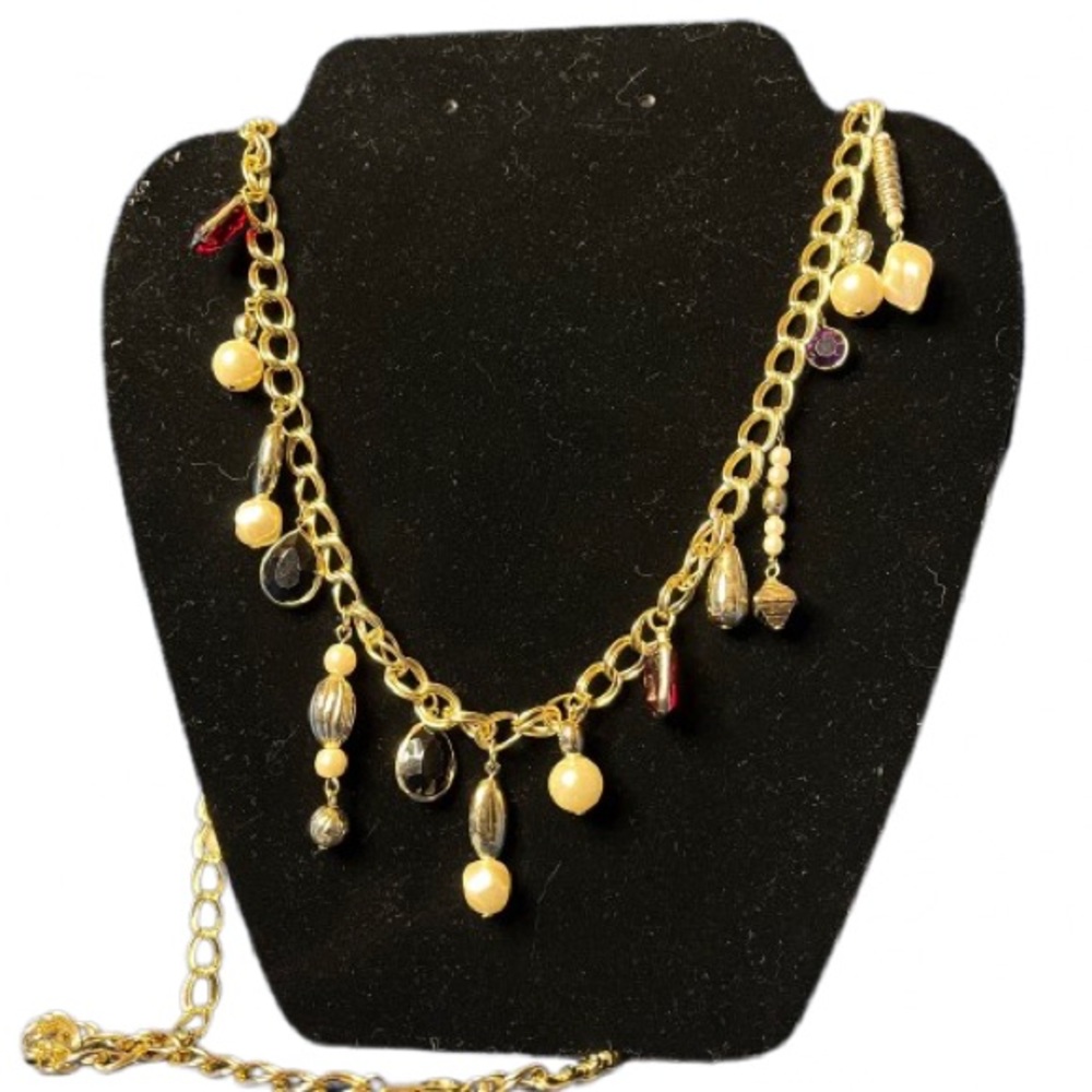 Gold Tone Long Statement Necklace: Black, Red, Purple, and White accents